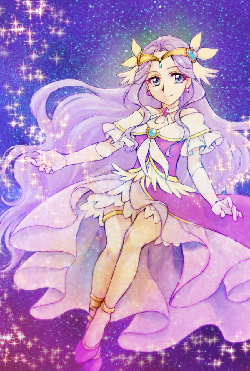 1girl aizen_(syoshiyuki) bare_shoulders commentary_request cure_earth dress earrings elbow_gloves eyelashes fuurin_asumi gloves hair_ornament happy healin'_good_precure highres jewelry long_hair looking_at_viewer magical_girl precure purple_dress purple_hair smile solo starry_background very_long_hair violet_eyes white_gloves