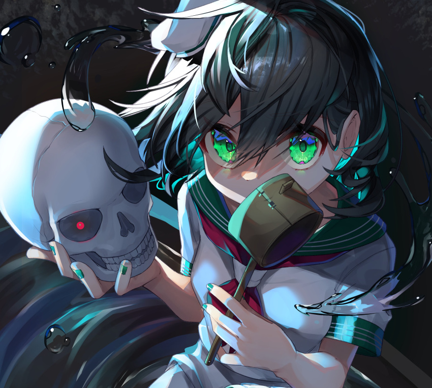 1girl absurdres black_hair glowing glowing_eye green_eyes green_nails gunjou_row hat highres hishaku holding holding_skull looking_at_viewer murasa_minamitsu nail_polish sailor_collar sailor_hat shirt short_hair short_sleeves skull solo touhou touhou_calamity water white_shirt