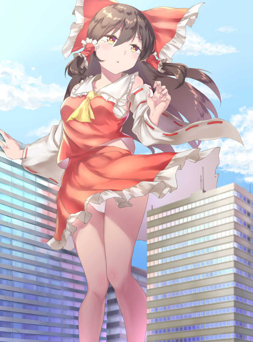 1girl absurdres artist_request ascot blue_sky bow brown_eyes brown_hair building clouds detached_sleeves frilled_bow frilled_skirt frills giant giantess hair_between_eyes hair_bow hair_tubes hakurei_reimu highres long_hair long_sleeves nontraditional_miko panties red_bow red_skirt ribbon-trimmed_sleeves ribbon_trim sidelocks skirt skirt_set sky solo standing touhou underwear white_panties wide_sleeves yellow_neckwear