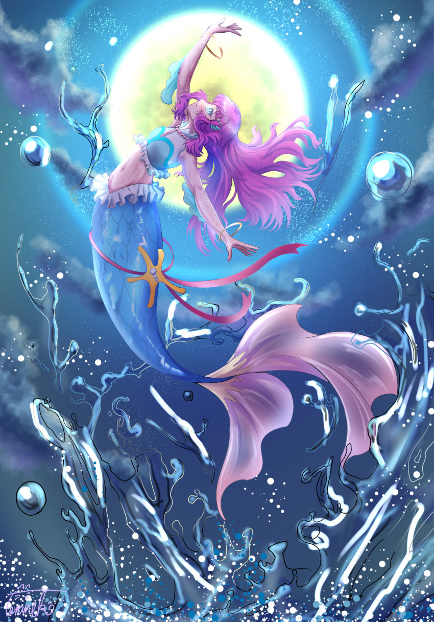 1girl arm_up bangs bare_shoulders blue_eyes blunt_bangs blush bracelet breasts closed_mouth clouds commentary_request crop_top eyebrows_behind_hair floating floating_hair full_body full_moon groin hair_ornament head_fins highres jewelry laura_(precure) long_hair looking_up medium_breasts mermaid midriff monster_girl moon navel necklace night night_sky pearl_hair_ornament pearl_necklace precure purple_hair scales shirt sidelocks signature sky sleeveless sleeveless_shirt smile solo split_tail toraneko_(spxn5283) tropical-rouge!_precure water wet
