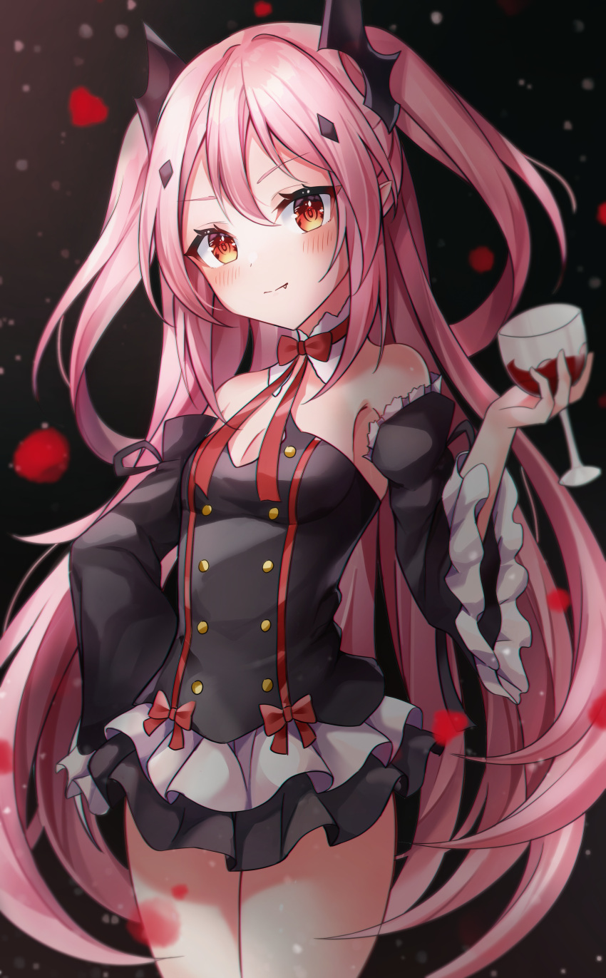 1girl absurdres alcohol bangs blush closed_mouth cowboy_shot cup danyo_(chung0226) dark_background drinking_glass fang gradient gradient_background highres holding holding_cup krul_tepes long_hair looking_at_viewer owari_no_seraph pink_hair red_eyes solo standing two_side_up very_long_hair wine wine_glass