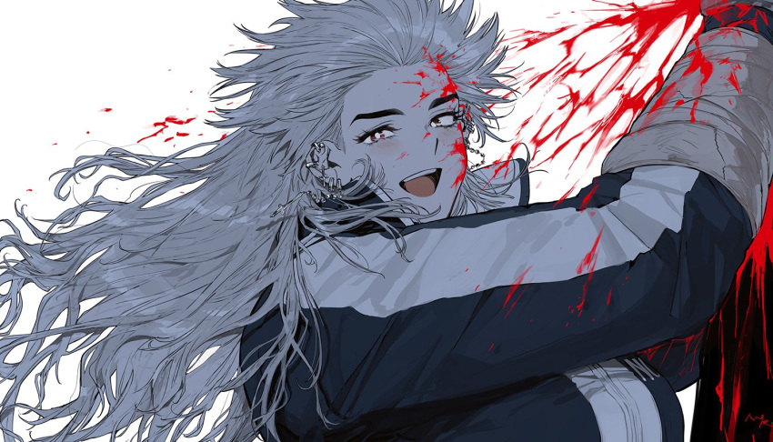 1girl abs dorohedoro earrings gloves gym_uniform jewelry long_hair looking_at_viewer muscular muscular_female noi_(dorohedoro) odagorom red_eyes simple_background smile solo tall_female white_hair