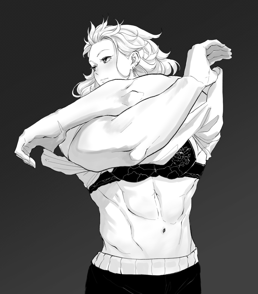 1girl abs airpro033 bra breasts dorohedoro formal highres jewelry long_hair looking_at_viewer monochrome muscular muscular_female navel noi_(dorohedoro) shirt simple_background solo suit underwear undressing