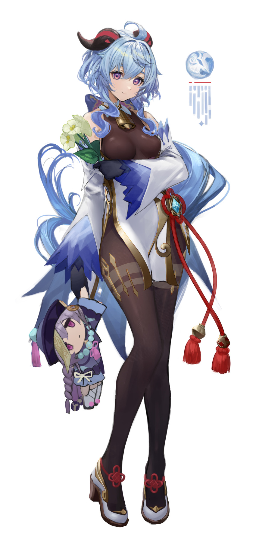 2girls absurdres ahoge bare_shoulders bead_necklace beads black_legwear blue_hair braid braided_ponytail breasts detached_sleeves flower ganyu_(genshin_impact) genshin_impact goat_horns half-closed_eyes hat high_heels highres horns jewelry jiangshi long_hair long_sleeves looking_at_viewer multiple_girls necklace pantyhose qiqi_(genshin_impact) simple_background smile takubon violet_eyes white_background