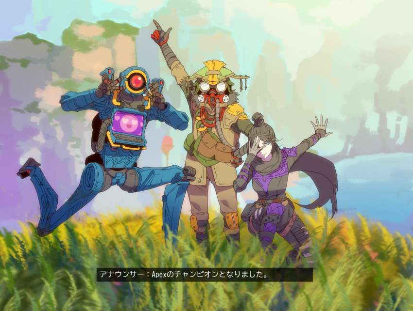 1boy 1girl 1other ambiguous_gender apex_legends black_gloves black_hair black_scarf bloodhound_(apex_legends) blue_eyes double_v finger_gun gloves hair_bun hand_on_own_face heart heart_eyes helmet humanoid_robot mask mizu_cx one-eyed one_eye_covered one_knee open_hand pathfinder_(apex_legends) pointing pointing_up pose scarf science_fiction v wraith_(apex_legends)