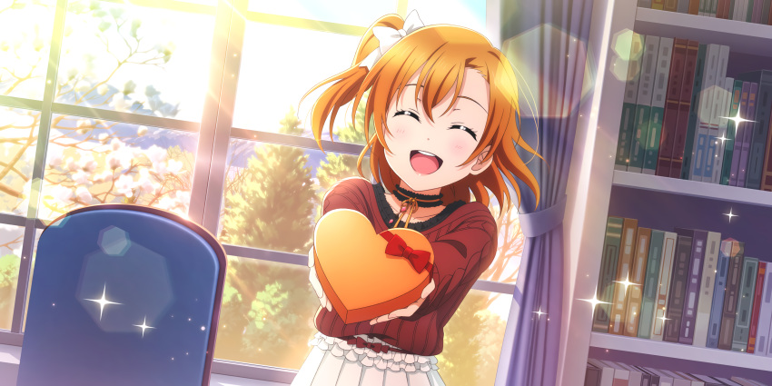 blush closed_eyes jacket kousaka_honoka love_live!_school_idol_festival_all_stars orange_hair short_hair smile valentine