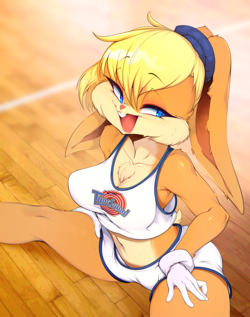 1girl absurdres animal_ears animal_nose blonde_hair blue_eyes body_fur breasts bunny_tail clothes_writing collarbone eyebrows_visible_through_hair fur furry gloves highres lola_bunny looney_tunes medium_breasts midriff navel open_mouth rabbit_ears shorts sitting slugbox smile snout solo space_jam sportswear tail thighs white_gloves white_shorts