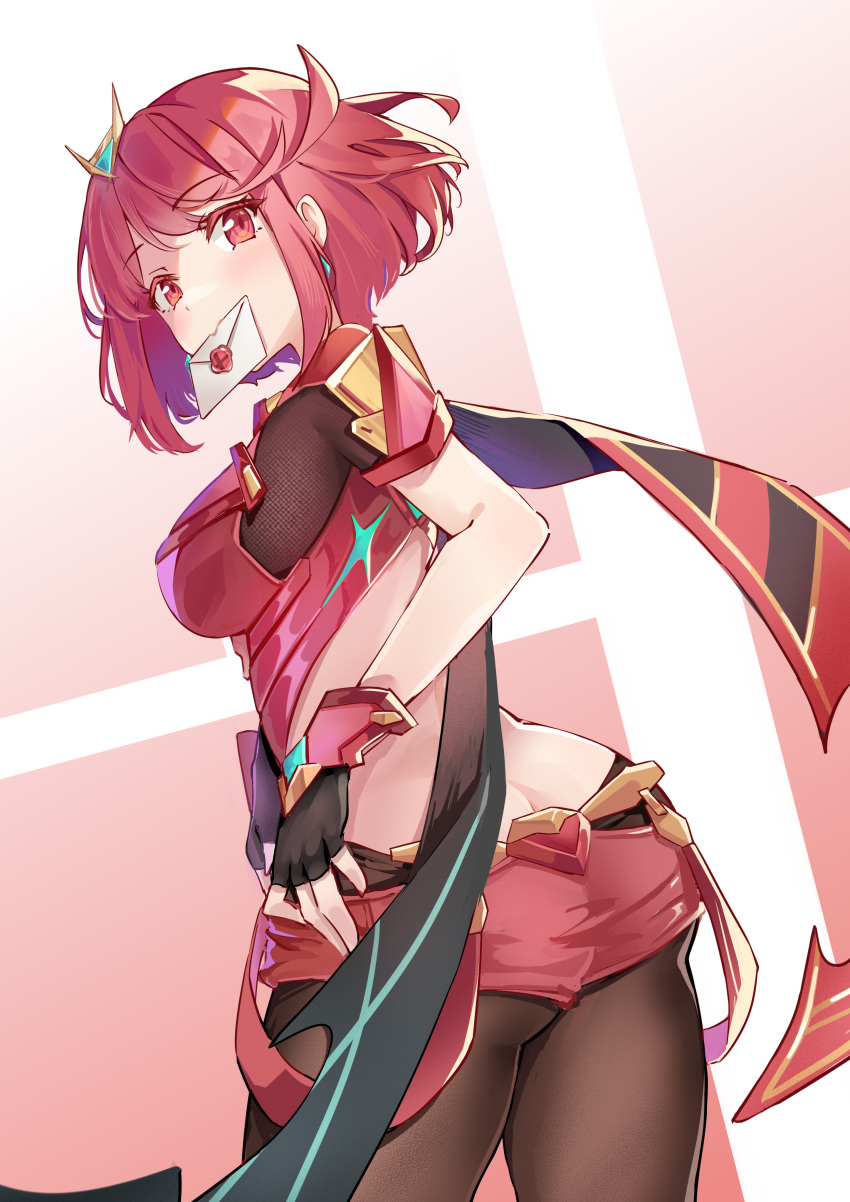1girl absurdres bangs black_gloves breasts chest_jewel earrings fingerless_gloves gloves highres jewelry large_breasts leggings letter pyra_(xenoblade) red_eyes red_legwear red_shorts redhead scarlet_dango short_hair short_shorts shorts super_smash_bros. swept_bangs thigh-highs tiara xenoblade_chronicles_(series) xenoblade_chronicles_2