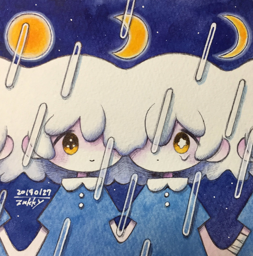 2girls blue_dress crescent_moon dated dress hair_over_one_eye highres medium_hair moon multiple_girls no_nose original rain short_sleeves signature smile surreal tears traditional_media upper_body white_hair yellow_eyes zukky000