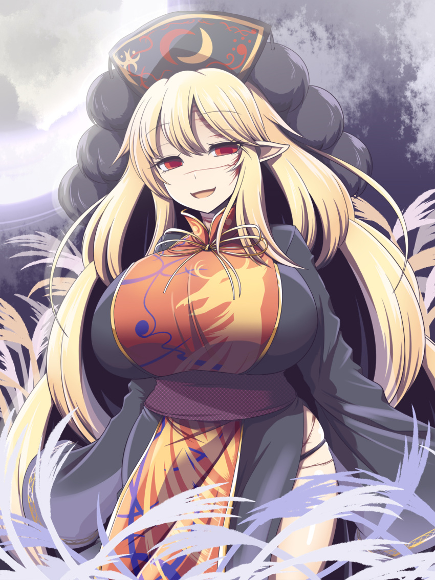 1girl :d bangs black_dress black_headwear blonde_hair blood blood_on_face breasts clouds commentary_request cowboy_shot dress eyebrows_visible_through_hair full_moon gold_trim headdress highres junko_(touhou) large_breasts long_hair moon night night_sky open_mouth pointy_ears red_eyes ribbon side_slit sky smile solo tabard touhou very_long_hair xialu_zajin yellow_neckwear yellow_ribbon