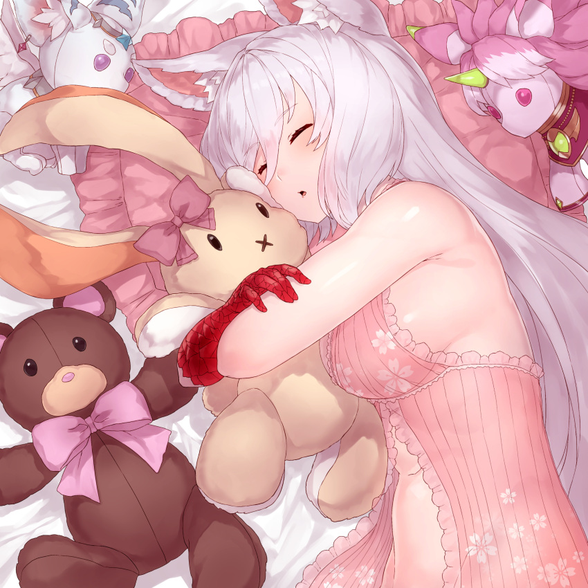 1girl absurdres animal_ear_fluff animal_ears armpit_crease babydoll bangs bare_arms bare_shoulders breasts cat_ears cat_girl cat_tail chemise closed_eyes doll_hug eyelashes hair_between_eyes highres king's_raid kirze large_breasts long_hair looking_at_viewer loungewear off_shoulder on_bed parted_lips red_eyes sideboob silver_hair sleeping solo stuffed_animal stuffed_bunny stuffed_toy stuffed_unicorn swept_bangs tail teddy_bear upper_body yu_mochi_(kamiinu)