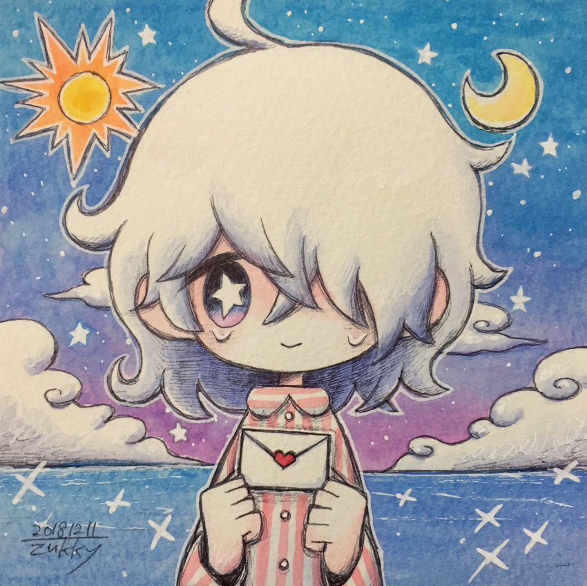 1girl ahoge bangs clouds crescent_moon dated hair_over_one_eye hands_up heart highres holding holding_letter horizon letter moon original pink_shirt shirt signature sky solo star-shaped_pupils star_(sky) star_(symbol) starry_sky striped striped_shirt sun symbol-shaped_pupils tears violet_eyes zukky000