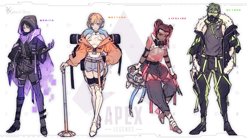 1boy 3girls alternate_costume apex_legends black_hair black_pants blonde_hair blue_eyes boots brown_hair character_name cloak denim denim_shorts double_bun goggles green_hair grey_pants hand_in_pocket highres holding holding_knife jacket knife kunai leotard lifeline_(apex_legends) mask mizutama_(mao11260510) mouth_mask multiple_girls octane_(apex_legends) open_hand orange_jacket pants red_eyes robot science_fiction short_hair shorts sitting smile thigh-highs thigh_boots wattson_(apex_legends) weapon white_leotard wraith_(apex_legends)