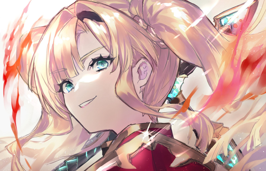 1girl bangs blonde_hair blue_eyes blush braid breasts granblue_fantasy hair_intakes hair_ornament hairband highres jewelry long_hair looking_at_viewer polearm simple_background smile solo spear suzu_(suzuame329) twintails weapon zeta_(granblue_fantasy)