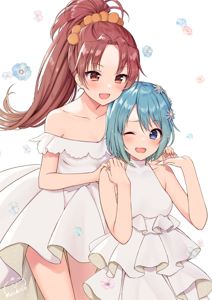 2girls :d ;d absurdres antenna_hair artist_name bare_shoulders blue_eyes blue_hair collarbone dress eyebrows_visible_through_hair fang floral_background flower frilled_dress frills hair_flower hair_ornament hand_on_another's_shoulder highres huge_filesize long_hair looking_at_another mahou_shoujo_madoka_magica miki_sayaka mochiko_(uyu_omochi) multiple_girls one_eye_closed open_mouth ponytail red_eyes redhead sakura_kyouko short_hair smile thighs white_background white_dress yuri