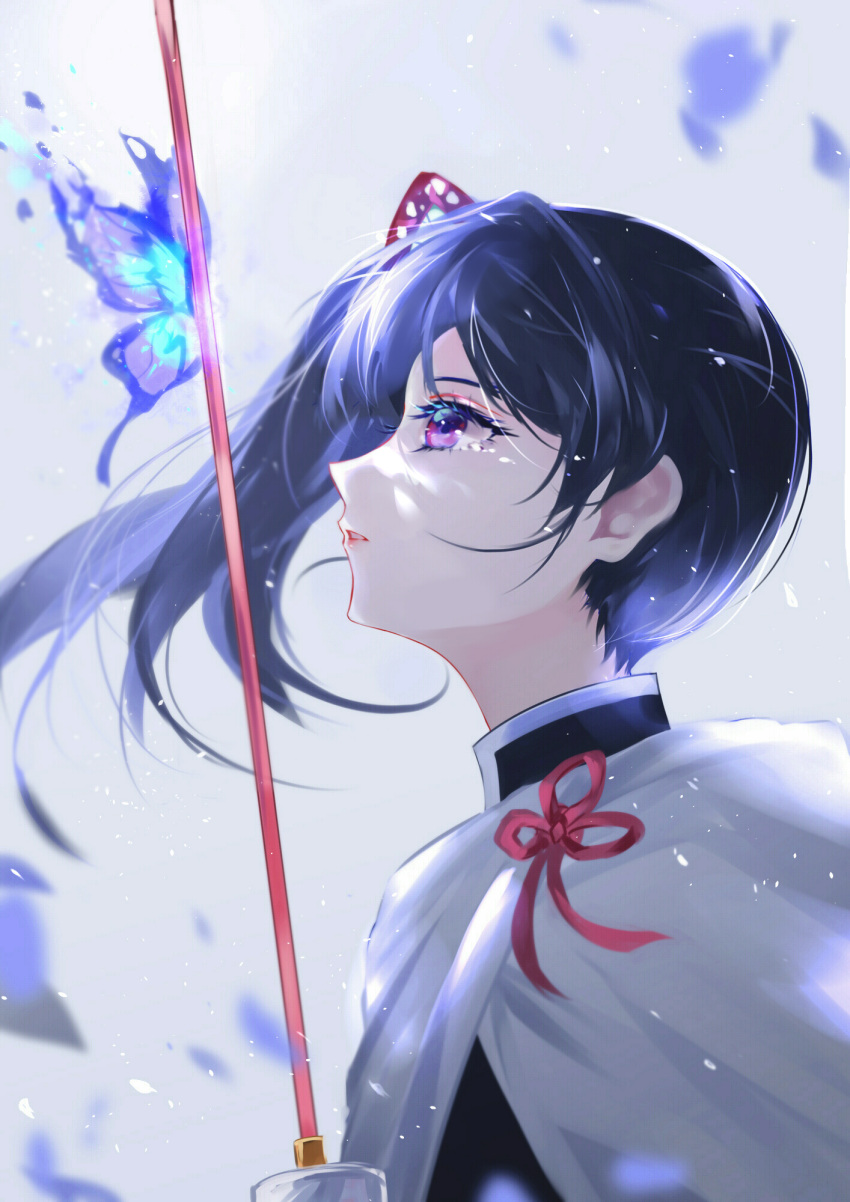 1girl bangs black_hair bug butterfly butterfly_hair_ornament cape hair_ornament highres holding holding_sword holding_weapon insect katana kimetsu_no_yaiba long_hair parted_lips profile side_ponytail solo sword tsuyuri_kanao upper_body vardan violet_eyes weapon white_cape