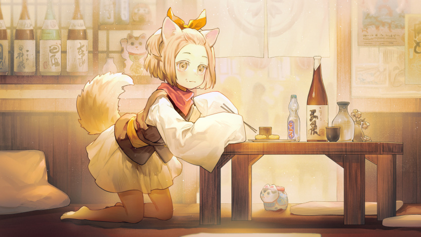 1girl animal_ears ash_blossom_&amp;_joyous_spring barefoot bottle brown_eyes brown_hair chopsticks cushion duel_monster eating flower highres holding holding_chopsticks japanese_clothes kimono kneeling maneki-neko no.18 sake_bottle scarf sepia short_hair sleeves_past_fingers sleeves_past_wrists solo table tail yu-gi-oh!