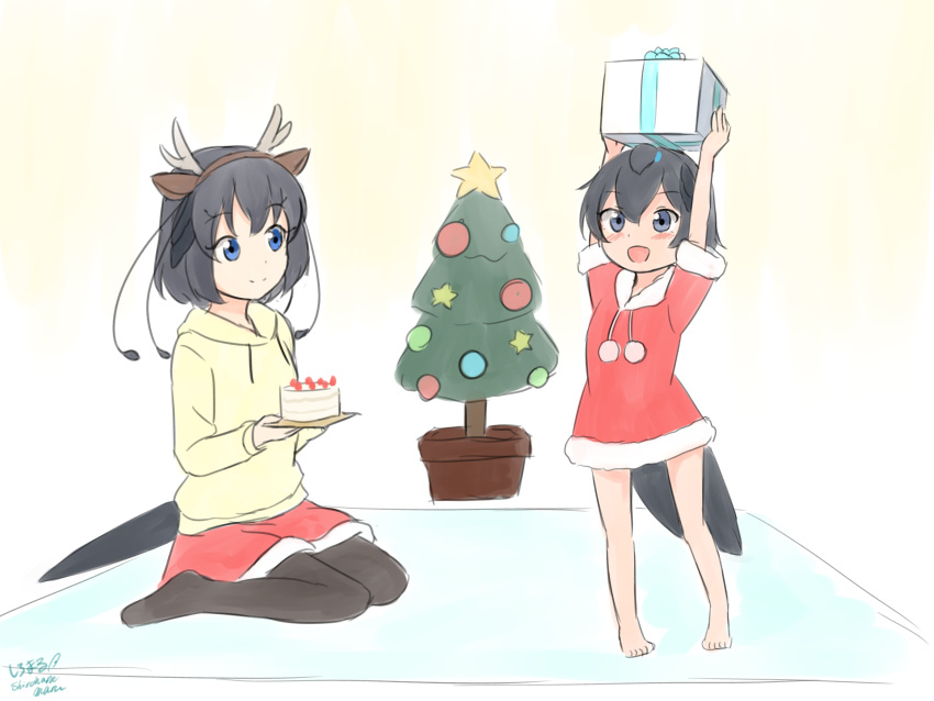 2girls :d absurdres alternate_costume animal_ears antennae arms_up bangs bare_legs barefoot black_hair black_legwear blue_eyes blush box cake child christmas_tree commentary disconnected_mouth drawstring dress eyebrows_visible_through_hair fake_animal_ears fake_antlers food fur_trim gift gift_box greater_lophorina_(kemono_friends) hair_between_eyes hairband head_wings highres hood hood_down hoodie kemono_friends long_sleeves looking_at_another multiple_girls no_shoes open_mouth pantyhose pom_pom_(clothes) santa_dress shiraha_maru short_hair short_sleeves sitting skirt smile standing star_(symbol) tail western_parotia_(kemono_friends) white_background yellow_background yellow_hoodie younger