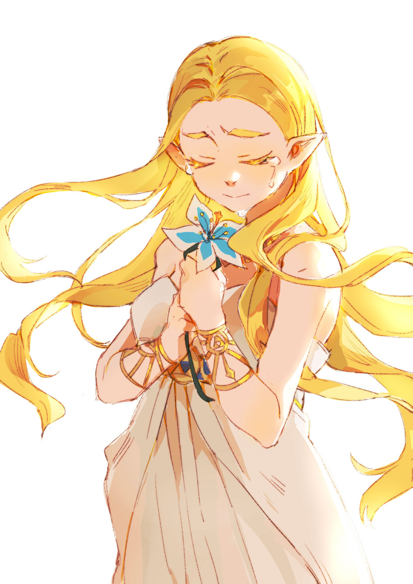 1girl absurdres bangs blonde_hair blue_flower bracelet closed_eyes closed_mouth commentary dress flower highres holding holding_flower jewelry long_hair off-shoulder_dress off_shoulder parted_bangs pointy_ears princess_zelda shuangsen simple_background sleeveless sleeveless_dress solo standing tears the_legend_of_zelda the_legend_of_zelda:_breath_of_the_wild thick_eyebrows white_background white_dress