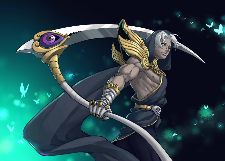 1996121012105422 1boy belt bug butterfly dark_skin dark_skinned_male gauntlets greek_clothes hades_(game) highres hood hood_up insect male_focus muscular muscular_male scythe silver_hair single_bare_shoulder single_gauntlet skull thanatos_(hades) yellow_eyes