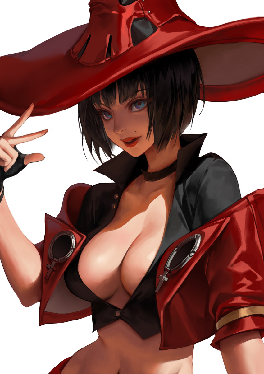 1girl absurdres black_hair blue_eyes bob_cut breasts charles_(106858) choker crop_top english_commentary eyebrows_visible_through_hair fingerless_gloves gloves guilty_gear guilty_gear_strive hat highres i-no jacket large_breasts makeup midriff mole mole_above_mouth mole_under_eye navel open_mouth red_headwear red_jacket red_lips shaded_face simple_background solo stomach venus_symbol white_background witch_hat