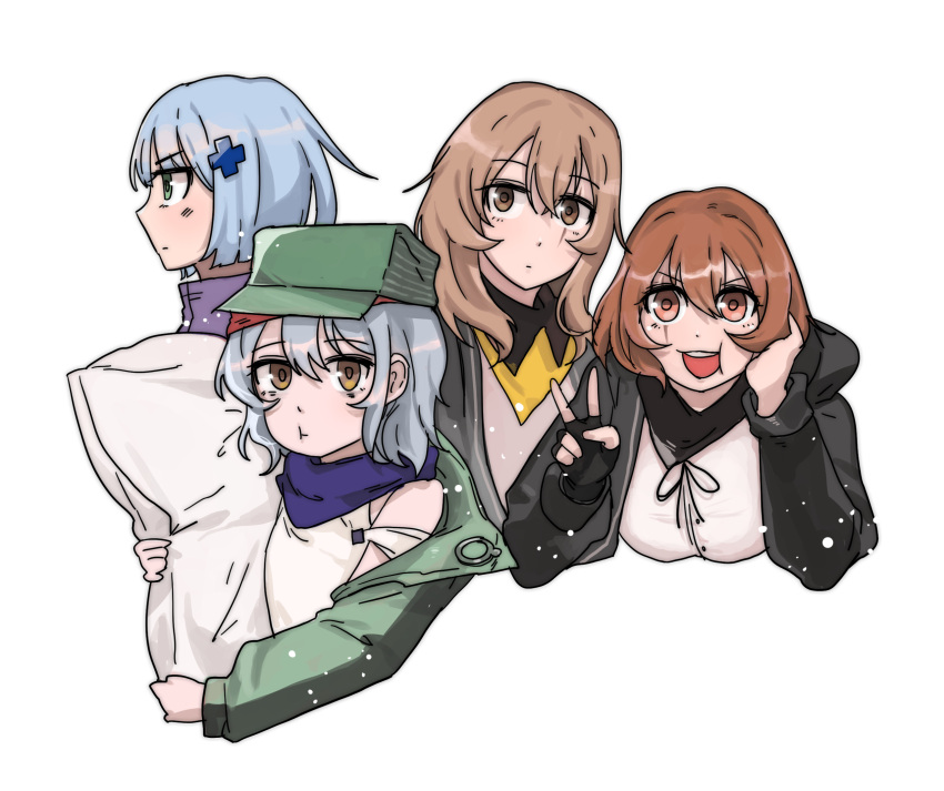 404_(girls_frontline) 4girls alternate_hair_length alternate_hairstyle bob_cut brown_eyes brown_hair check_commentary commentary_request dbeod128 g11_(girls_frontline) girls_frontline green_eyes grey_hair hair_ornament hairclip hat highres hk416_(girls_frontline) jacket medium_hair multiple_girls partial_commentary pillow pillow_hug pout scar scar_across_eye scarf short_hair silver_hair ump45_(girls_frontline) ump9_(girls_frontline) v white_background