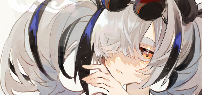 1girl aaoshigatoutoi animal_ears arknights black_hair close-up commentary_request eyewear_on_head feater_(arknights) grey_hair hair_over_one_eye highres lips looking_at_viewer multicolored_hair panda_ears parted_lips simple_background solo streaked_hair sunglasses sweat twintails white_background yellow_eyes