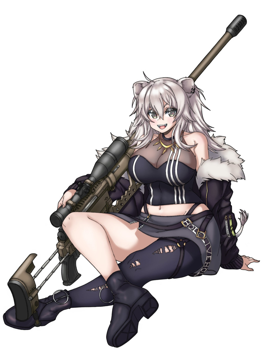 1girl animal_ears black_footwear black_jacket bolt_action brups_tv cheytac_m200 ear_piercing fur_trim grey_eyes grey_hair grey_skirt gun high_heels highres holding holding_gun holding_weapon hololive jacket lion_ears lion_tail looking_at_viewer navel off_shoulder open_mouth piercing rifle shishiro_botan single_legging sitting skirt smile sniper_rifle solo tail torn_clothes torn_legwear virtual_youtuber weapon wide_hips