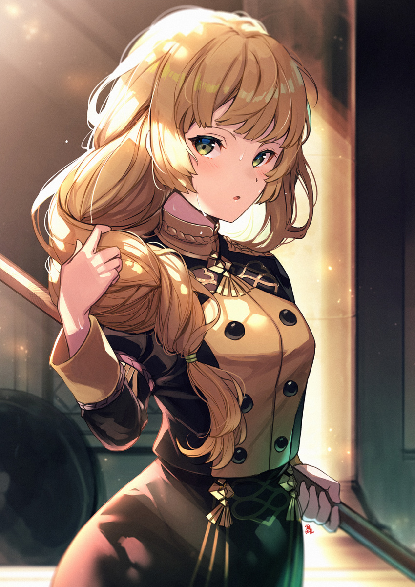 1girl blonde_hair braid commentary fire_emblem fire_emblem:_three_houses garreg_mach_monastery_uniform green_eyes highres holding holding_weapon indoors ingrid_brandl_galatea long_hair long_sleeves nakabayashi_zun open_mouth solo sweat uniform weapon