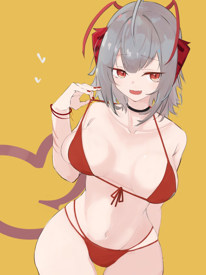 1girl ahoge antennae arknights asususususu bangs bikini breasts collarbone demon_horns eyebrows_visible_through_hair front-tie_top grey_hair heart heart_tail highres horns large_breasts navel open_mouth red_bikini red_eyes red_nails short_hair smile solo swimsuit tail w_(arknights)