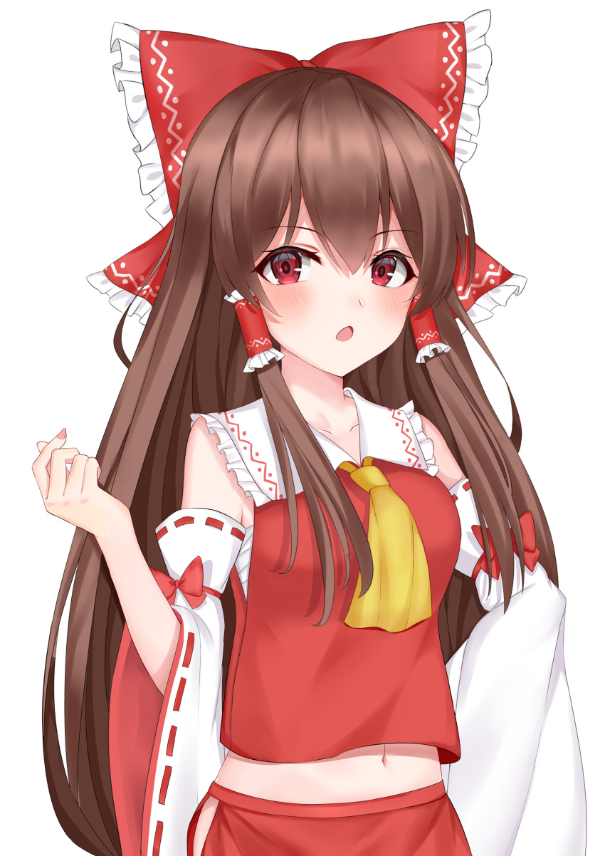 1girl absurdres bow brown_hair commentary_request frilled_bow frilled_hair_tubes frills hair_bow hair_tubes hakurei_reimu highres long_hair midriff navel red_bow red_eyes simple_background solo touhou upper_body useless_(102960190014) white_background