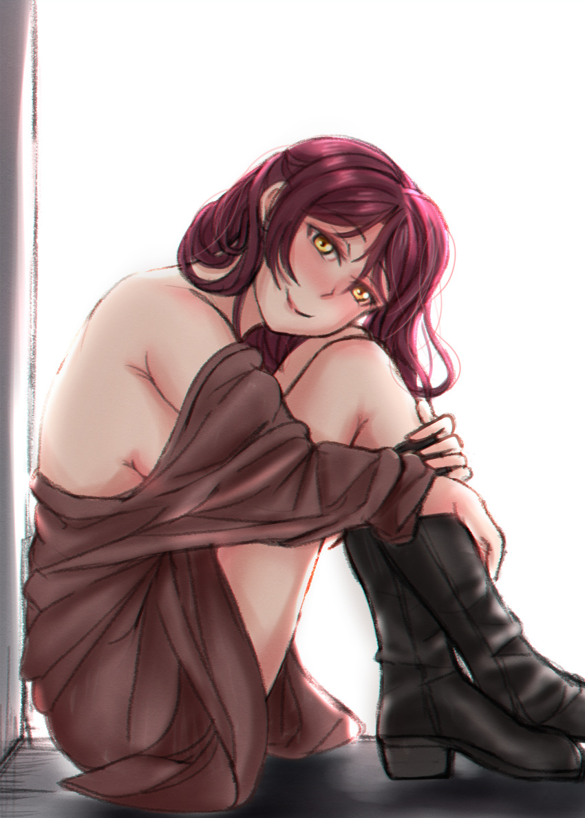 1girl absurdres bare_shoulders black_footwear boots breasts brown_shirt commentary_request highres long_hair looking_at_viewer looking_to_the_side loose_clothes loose_shirt love_live! love_live!_sunshine!! redhead rushsoldier sakurauchi_riko shirt sideboob sitting smile solo yellow_eyes