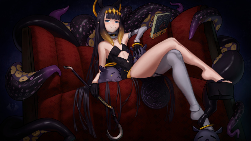 1girl :&lt; ao-chan_(ninomae_ina'nis) artist_logo bangs black_gloves blue_eyes blunt_bangs commentary couch crossed_legs crowbar detached_sleeves dress english_commentary femdom floating floating_book floating_object gloves halo headpiece highres hololive hololive_english kalle_nordfors long_hair looking_at_viewer ninomae_ina'nis octopus okobo pointy_ears purple_hair single_sleeve single_thighhigh sitting smile smug solo tako_(ninomae_ina'nis) tentacle_hair tentacles thigh-highs virtual_youtuber white_legwear
