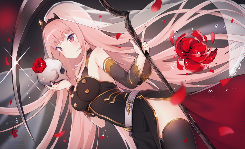 1girl bangs bare_shoulders black_background black_dress black_legwear black_neckwear blush breasts choker detached_sleeves dress eyebrows_visible_through_hair flower hair_ornament highres holding holding_skull holding_weapon hololive hololive_english looking_at_viewer medium_breasts mori_calliope petals pink_eyes pink_hair rose scythe side_slit skull solo thigh-highs veil virtual_youtuber weapon yennineii