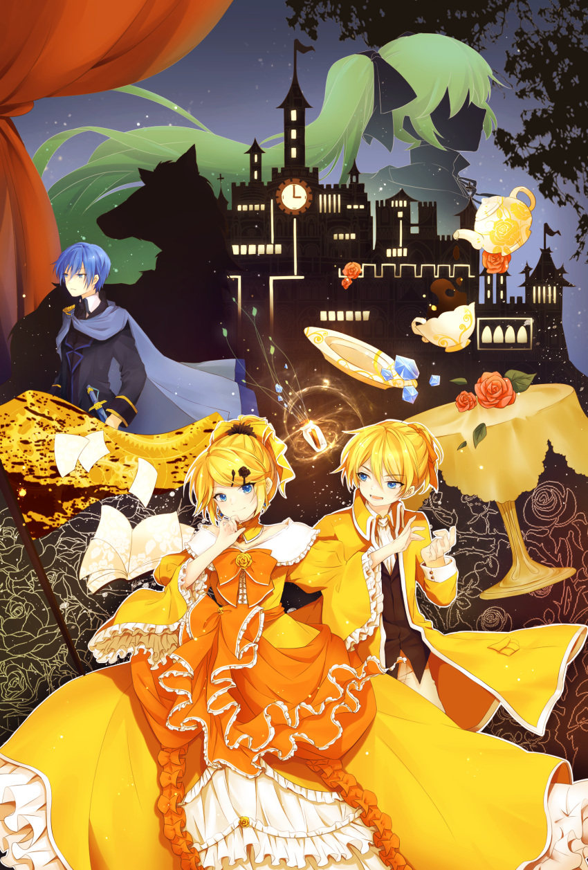 2boys 2girls absurdres aku_no_meshitsukai_(vocaloid) aku_no_musume_(vocaloid) allen_avadonia blonde_hair blood blood_splatter blue_cape blue_eyes blue_hair book bow breasts brother_and_sister cape castle choker clock commentary cravat cup curtains diamond_(gemstone) dress dress_flower earrings evillious_nendaiki flag floating floating_object flower frilled_dress frilled_sleeves frills gears green_hair hair_bow hair_ornament hair_ribbon hairclip hatsune_miku highres horse jacket jewelry kagamine_len kagamine_rin kaito kyle_marlon looking_at_another looking_at_viewer looking_to_the_side message_in_a_bottle michaela_(evillious_nendaiki) multiple_boys multiple_girls open_mouth princess red_flower red_rose ribbon riliane_lucifen_d'autriche rose serious short_ponytail siblings silhouette small_breasts smile sword table teacup teapot tsurime twins twintails updo varinr vocaloid weapon wide_sleeves yellow_dress yellow_jacket