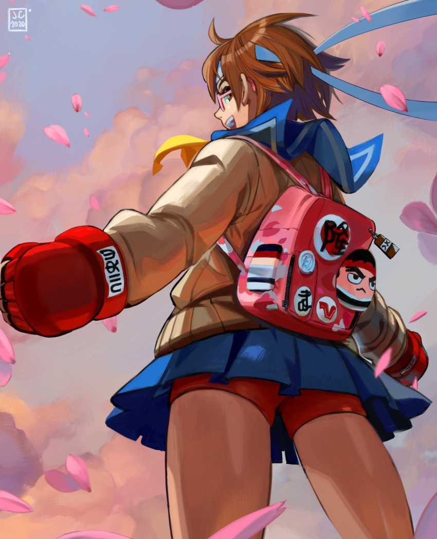 1girl backpack bag bespectacled bike_shorts blue_sailor_collar blue_skirt brown_eyes brown_hair cameo cardigan clenched_hands clouds cloudy_sky english_commentary from_behind from_below glasses gloves headband highres john_crayton kasugano_sakura looking_back petals pink-framed_eyewear red_gloves red_shorts ryu_(street_fighter) sailor_collar school_uniform serafuku short_hair shorts shorts_under_skirt skirt sky solo spring_(season) standing street_fighter street_fighter_v thighs upper_teeth white_headband