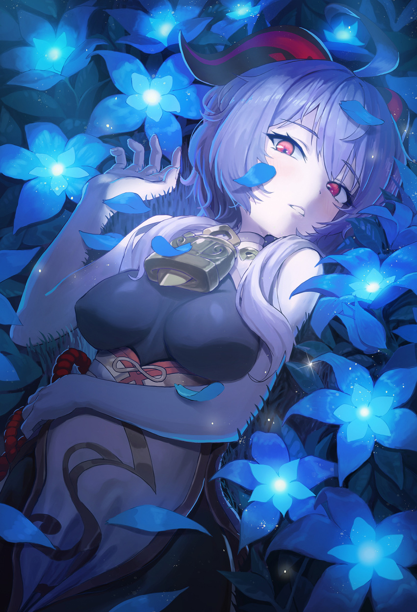 1girl ahoge bare_shoulders bell blue_flower blue_hair blush breasts cheenack covered_nipples cowbell flower ganyu_(genshin_impact) genshin_impact glowing grass half-closed_eyes highres horns looking_at_viewer lying on_back on_grass parted_lips petals