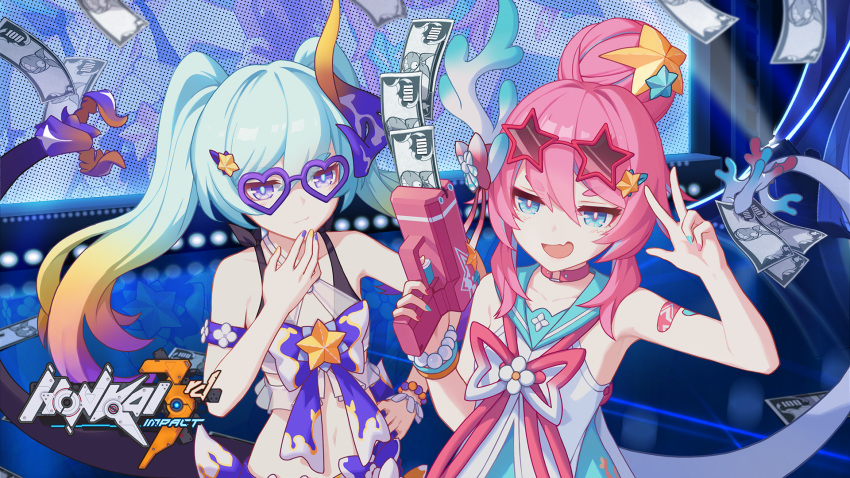 2girls :d aqua_hair arm_up armpits bandages bare_shoulders bead_bracelet beads blue_eyes bracelet bright_pupils choker criss-cross_halter crop_top dress fang gradient_hair halterneck hand_on_hip heart heart-shaped_eyewear highres holding honkai_(series) honkai_impact_3rd jewelry liliya_olenyeva long_hair looking_at_viewer midriff money multicolored multicolored_hair multicolored_nails multiple_girls navel official_art open_mouth pink_choker pink_hair rozaliya_olenyeva sleeveless sleeveless_dress smile stage star-shaped_eyewear sunglasses tail thick_eyebrows tied_hair twintails violet_eyes w white_dress