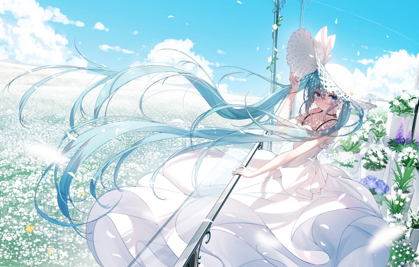 1girl animal arm_up bangs bare_arms bare_shoulders blue_eyes blue_hair blue_sky blush bug butterfly chinese_commentary closed_mouth clouds commentary day dress field flower flower_field flower_request hair_between_eyes hat hatsune_miku highres horizon insect lilac lily_(flower) long_hair looking_at_viewer outdoors plant potted_plant purple_flower qys3 revision sky sleeveless sleeveless_dress smile solo straw_hat sun_hat very_long_hair vocaloid white_dress white_flower white_headwear