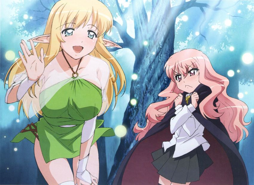 2girls absurdres blonde_hair blue_eyes breast_envy breasts cape elf fujii_masahiro halterneck highres huge_breasts louise_francoise_le_blanc_de_la_valliere multiple_girls official_art pentacle pink_hair pointy_ears red_eyes scan tiffania_westwood tree zero_no_tsukaima