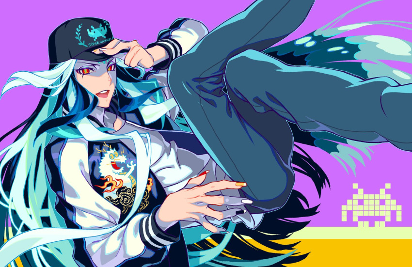 1boy adjusting_clothes adjusting_headwear alternate_costume androgynous aqua_hair aqua_nails azuma_tou baseball_cap black_pants blue_hair blue_nails contemporary eyeshadow face fate/grand_order fate_(series) feet_out_of_frame fingernails forehead_jewel hat jacket long_hair makeup male_focus multicolored_hair open_clothes open_jacket orange_eyes orange_nails pants qin_shi_huang_(fate) red_eyeshadow red_nails sharp_fingernails shirt smile solo streaked_hair very_long_hair white_hair white_nails white_shirt