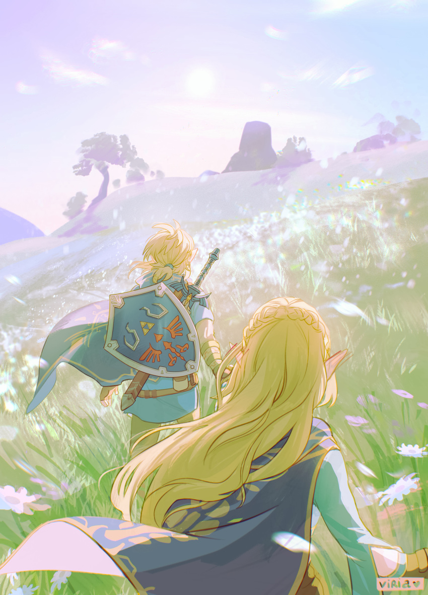 absurdres blonde_hair blue_sky braid cape field flower from_behind grass hair_blowing highres hill link long_hair outdoors petals pointy_ears princess_zelda scenery shield sky sword the_legend_of_zelda the_legend_of_zelda:_breath_of_the_wild tied_hair tree viktoria_ridzel weapon
