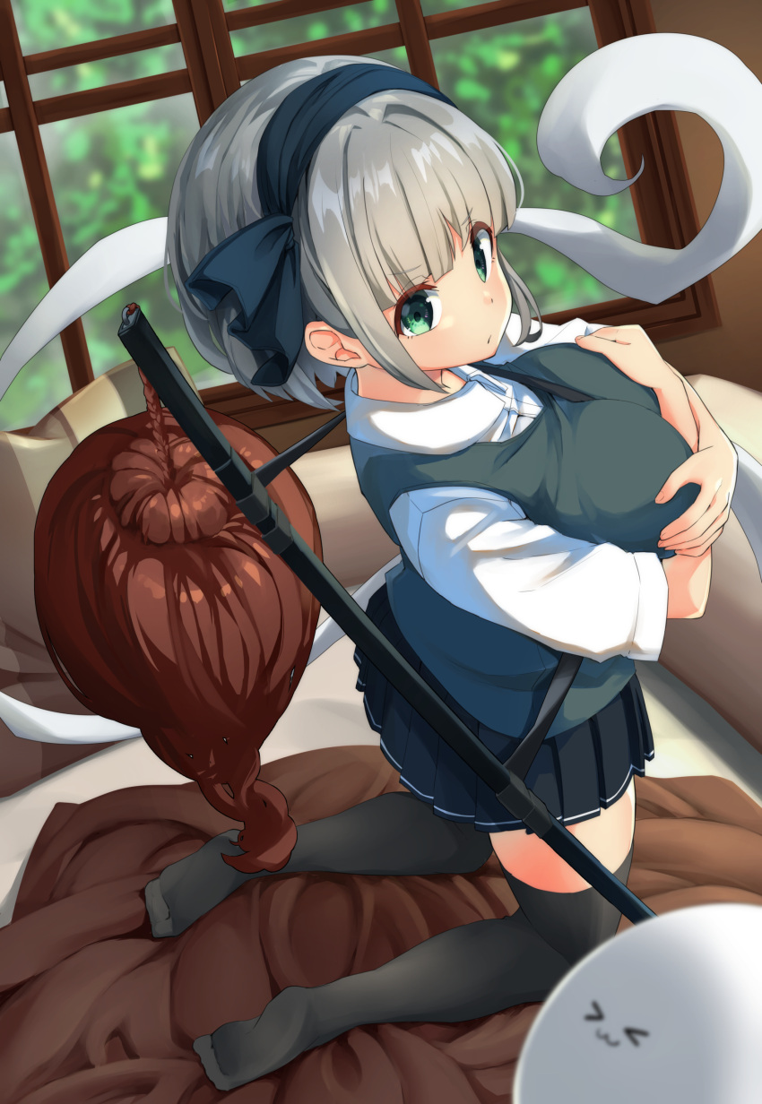 1girl absurdres bangs bed_sheet between_breasts black_legwear black_skirt blunt_bangs blurry blurry_background breasts collared_shirt covering covering_breasts crossed_arms day eyebrows_visible_through_hair from_above from_side green_eyes green_vest hair_ribbon highres indoors kneeling konpaku_youmu konpaku_youmu_(ghost) large_breasts looking_at_viewer miniskirt no_shoes pegashi pillow pleated_skirt ribbon shiny shiny_hair shirt short_hair short_sleeves sidelocks silver_hair skirt sword thigh-highs touhou tree vest weapon white_shirt window