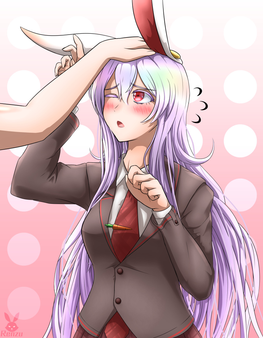 1girl absurdres animal_ears bangs blazer blouse blush breasts buttons carrot collared_blouse eyebrows_visible_through_hair hand_on_another's_head highres jacket large_breasts light_purple_hair long_hair long_sleeves necktie one_eye_closed open_mouth out_of_frame petting purple_hair rabbit_ears red_eyes red_neckwear red_skirt reisen_udongein_inaba renzibun simple_background skirt solo solo_focus touhou very_long_hair white_blouse