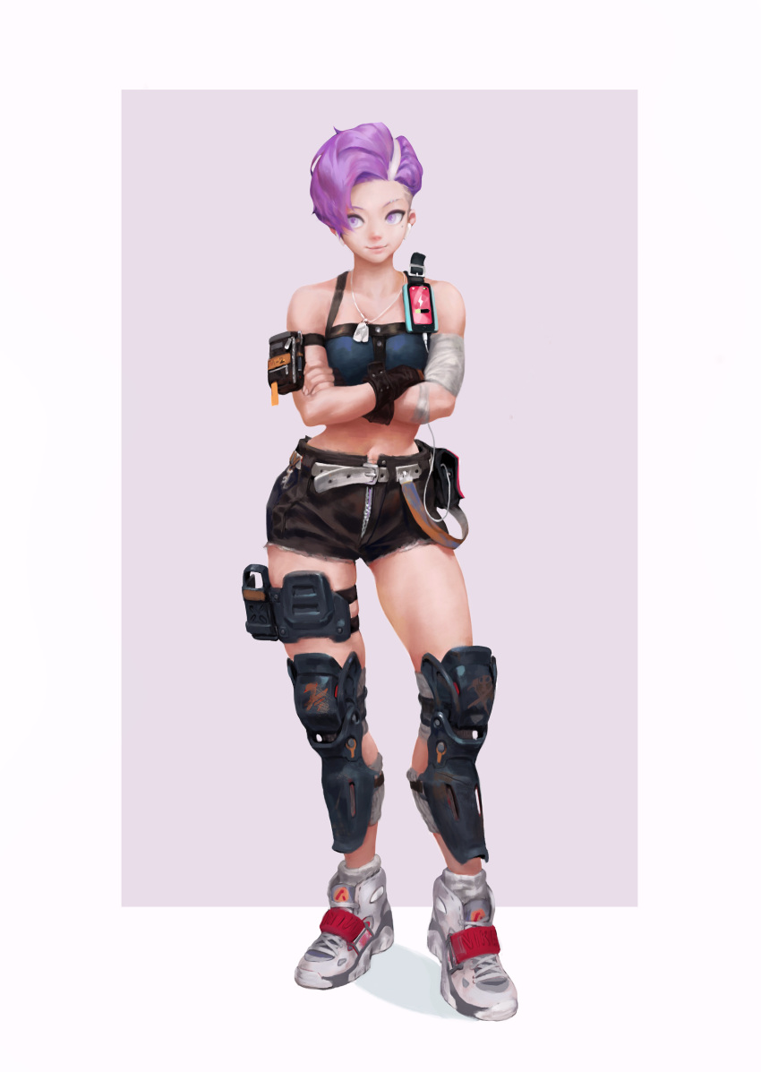 1girl absurdres airpods arm_pouch asymmetrical_hair bandaged_arm bandages bandeau belt belt_pouch black_shorts border breasts cable crossed_arms cutoffs dog_tags eyebrow_piercing full_body garam_jeong_(malgam) gloves greaves highres holster knee_pads lips loose_socks medium_breasts midriff mole mole_under_eye nose original outside_border piercing pouch purple_hair recharging shoes short_hair shorts single_glove sneakers solo standing thigh_holster undercut violet_eyes white_belt white_border white_footwear white_legwear wireless_earphones zipper