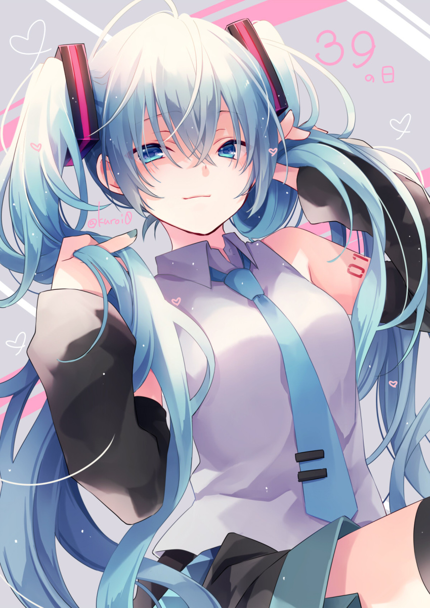 1girl 39 ahoge bangs black_legwear black_skirt black_sleeves blue_eyes blue_hair blue_nails blue_neckwear breasts closed_mouth collared_shirt commentary detached_sleeves eyebrows_visible_through_hair grey_background hair_between_eyes hands_up hatsune_miku heart highres kuroi_(liar-player) long_hair long_sleeves looking_at_viewer making-of_available nail_polish necktie pleated_skirt shirt sitting skirt sleeveless sleeveless_shirt small_breasts smile solo thigh-highs tie_clip twintails very_long_hair vocaloid white_shirt