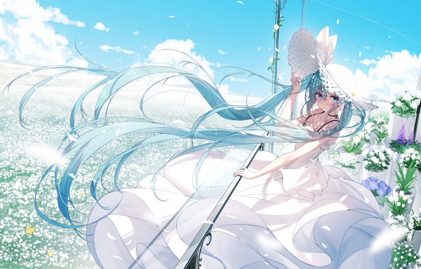 1girl animal arm_up bangs bare_arms bare_shoulders blue_eyes blue_hair blue_sky blush bug butterfly chinese_commentary closed_mouth clouds day dress field flower flower_field flower_request hair_between_eyes hat hatsune_miku highres horizon insect lilac lily_(flower) long_hair looking_at_viewer md5_mismatch outdoors plant potted_plant purple_flower qys3 sky sleeveless sleeveless_dress smile solo straw_hat sun_hat very_long_hair vocaloid white_dress white_flower white_headwear