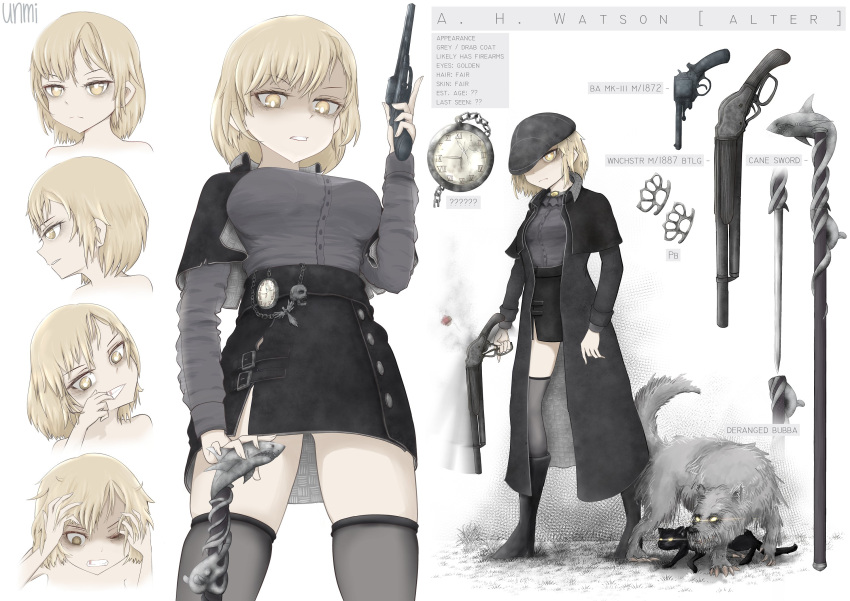 1girl alternate_costume alternate_eye_color artist_name black_coat black_headwear black_legwear black_skirt blonde_hair brass_knuckles breasts bubba_(watson_amelia) cane cane_sword cat character_profile character_sheet coat commentary dark_persona dog english_commentary english_text gun hat highres hololive hololive_english holomyth lever_action long_sleeves medium_breasts pocket_watch revolver shaded_face shark short_hair simple_background skirt thigh-highs trench_coat trigger_discipline unmi714 virtual_youtuber watch watson_amelia weapon webley_revolver wellington_(watson_amelia) white_background winchester_model_1887 yellow_eyes zettai_ryouiki