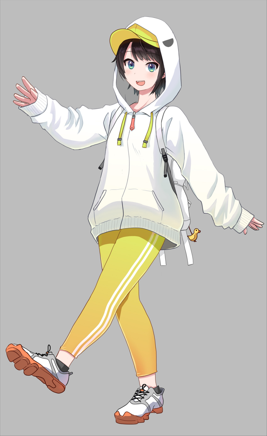 1girl 808 bangs black_hair blue_eyes blush commentary cross-laced_footwear duck_hood eyebrows_visible_through_hair full_body grey_background highres hololive hood hood_up hoodie long_sleeves looking_at_viewer oozora_subaru open_mouth outstretched_arm pants parted_bangs shoes short_hair simple_background sleeves_past_wrists smile sneakers solo striped tight tight_pants vertical-striped_pants vertical_stripes virtual_youtuber walking white_footwear white_hoodie yellow_pants