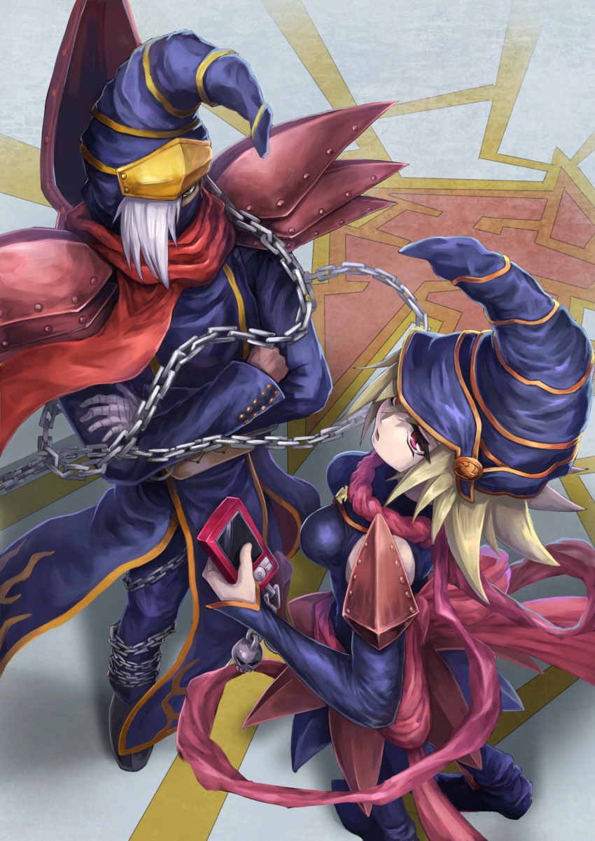 1boy 1girl armor back_bow bandaged_hand blonde_hair bow breasts cellphone chain commentary covered_mouth crossed_arms deadspike_nine detached_sleeves duel_monster gagaga_girl gagaga_magician green_eyes grey_hair hat highres holding holding_phone long_hair long_sleeves mask mouth_mask open_mouth pauldrons phone pink_bow pink_scarf red_eyes red_scarf scarf shoulder_armor standing wizard_hat yu-gi-oh!